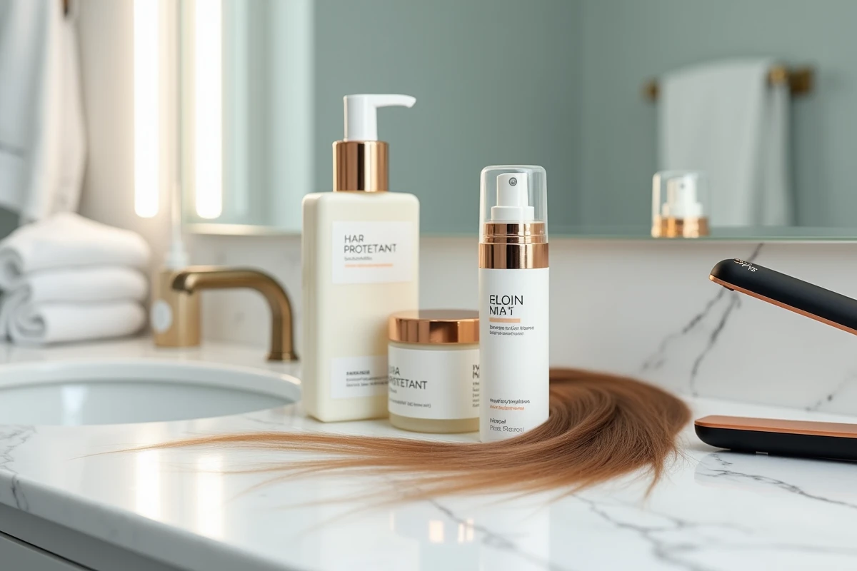 Produits protecteurs thermiques pour cheveux disposés sur un comptoir en marbre blanc avec un fer à lisser