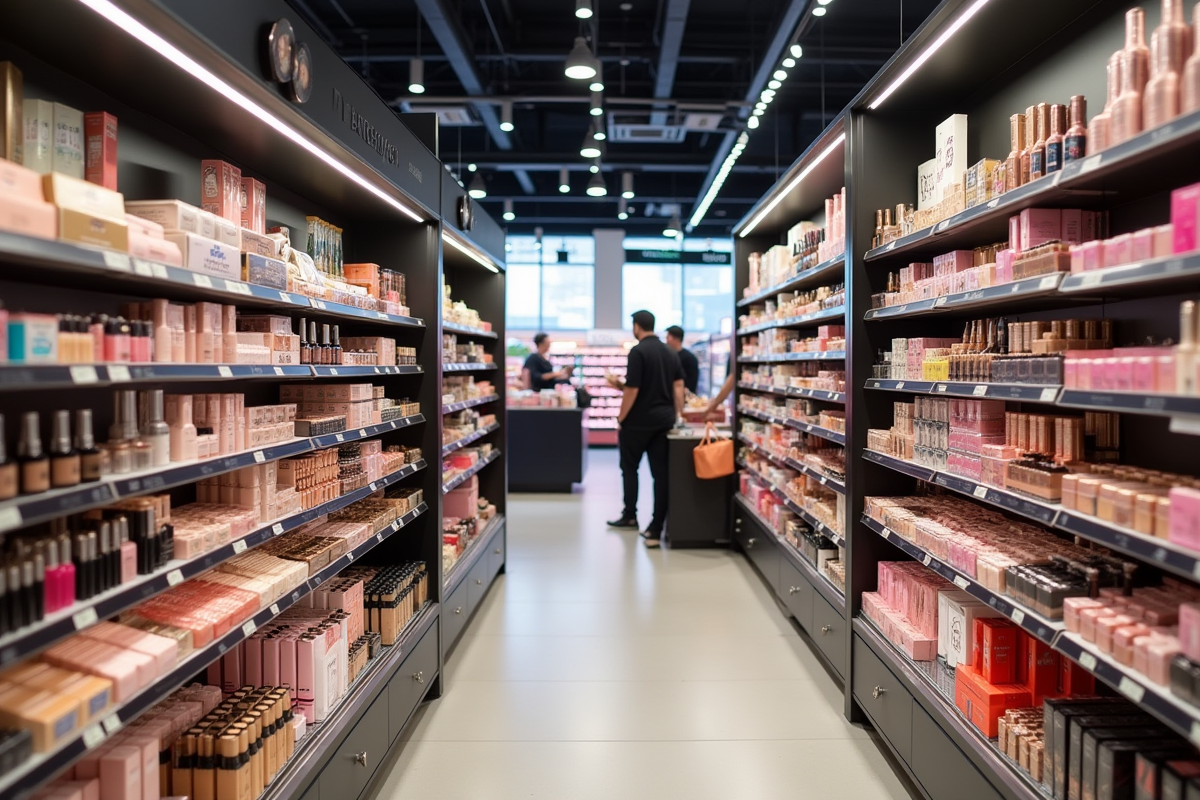 Rayon de maquillage en magasin en France avec clients
