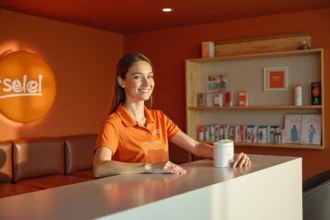 Réception moderne d'un centre de bronzage Point Soleil à Paris avec hôtesse d'accueil souriante