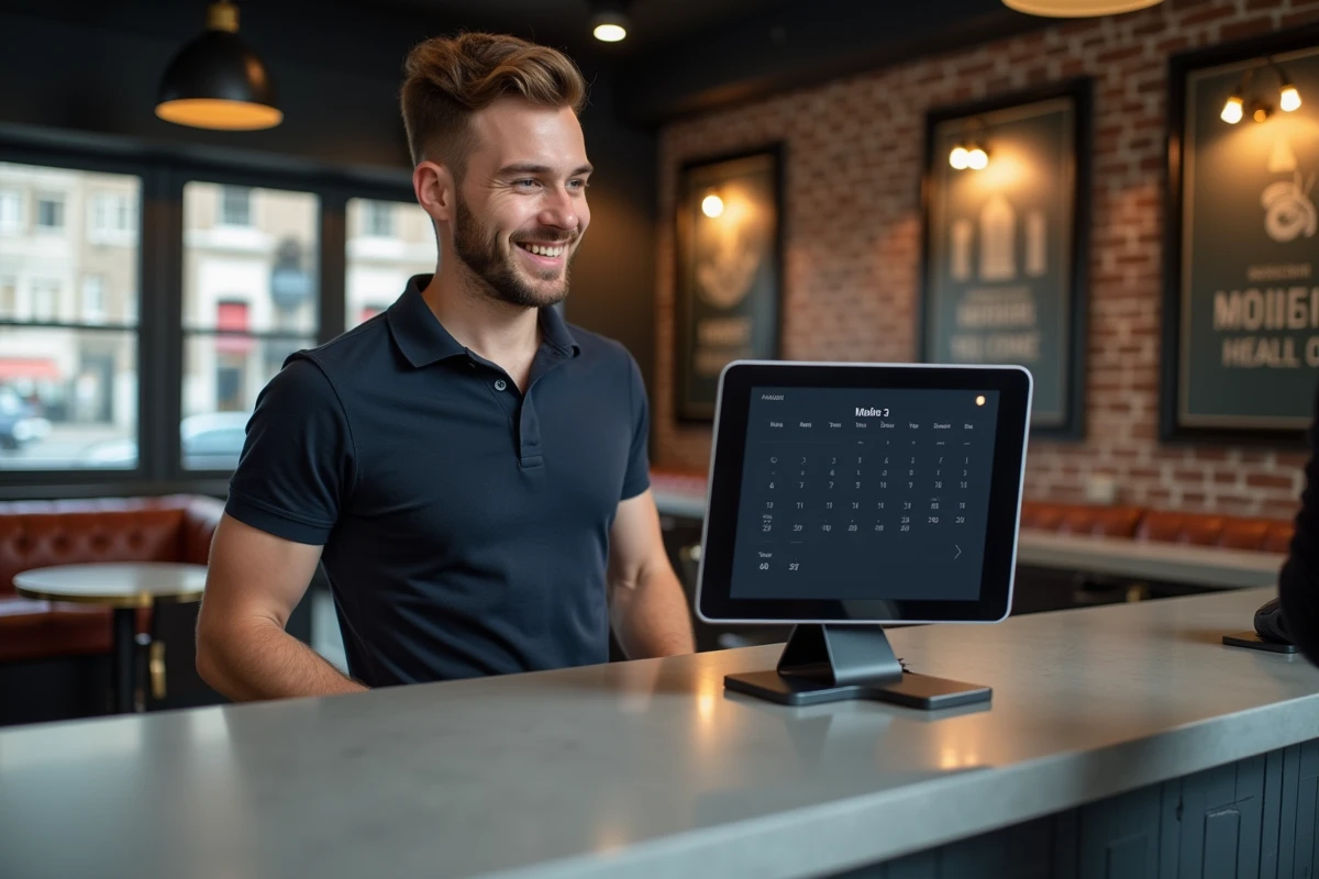 Réception d'un barber shop moderne à Lille avec système de réservation en ligne sur tablette et espace d'attente élégant