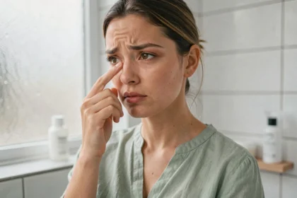 Jeune femme touchant son nez avec inquiétude, illustrant le rejet d'un piercing de nez après utilisation d'un gun en bijouterie