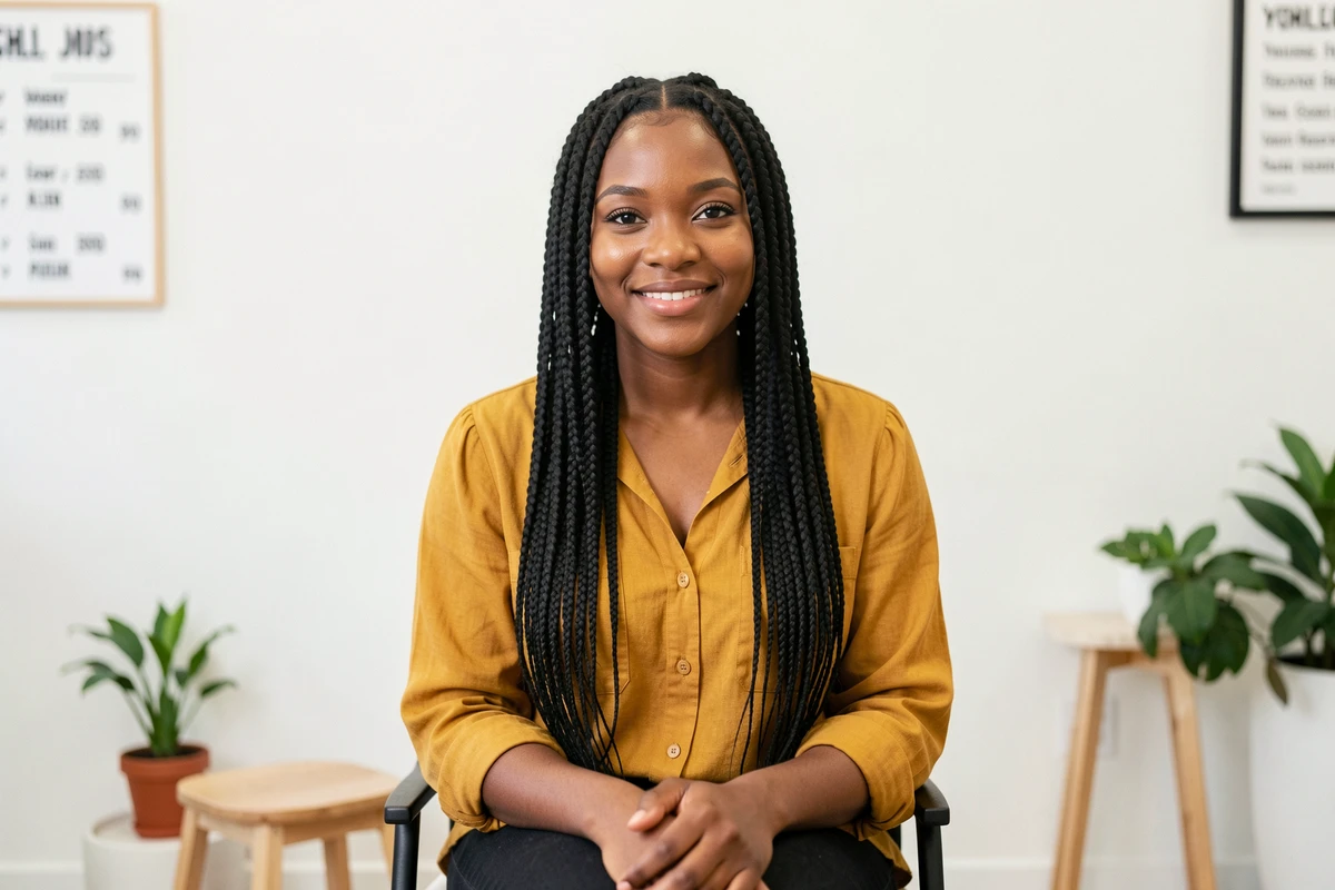 Jeune femme satisfaite présentant ses tresses afro knotless réalisées dans un salon de coiffure spécialisé