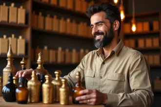 Revendeur de parfums d'Orient arrangeant des flacons sur une étagère en bois dans une boutique spécialisée