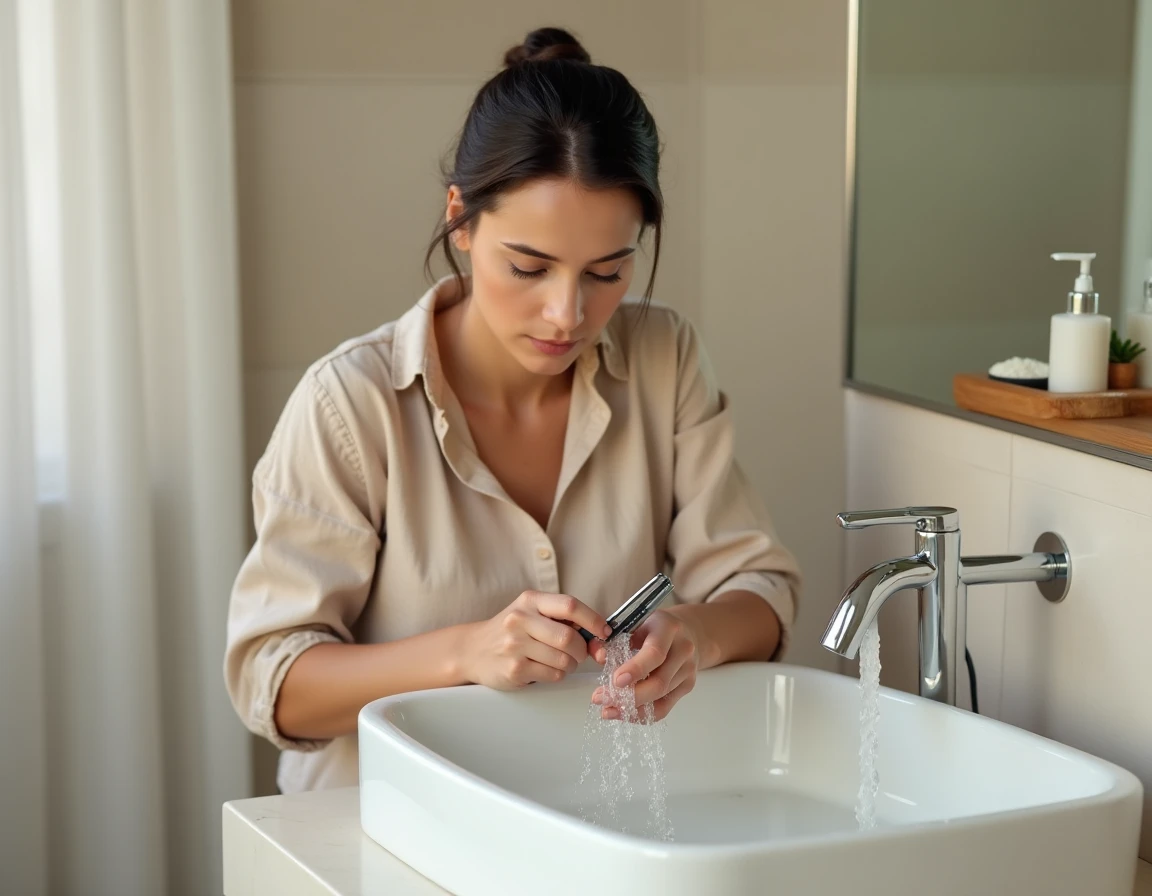 Femme rinçant une lame de rasoir sous le robinet pour prolonger sa durée de vie, dans une salle de bain naturelle