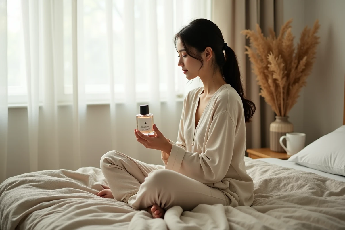 Jeune femme assise sur un lit en lin tenant un flacon de parfum musc intime dans une chambre zen