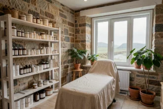 Intérieur d'un salon de beauté breton avec murs en pierre, étagères en bois blanc et produits de soin naturels
