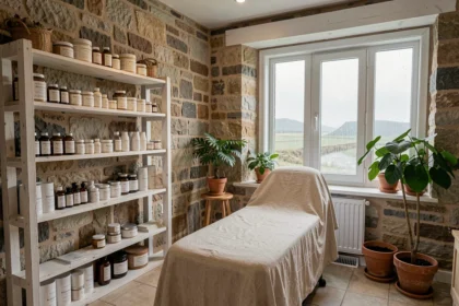 Intérieur d'un salon de beauté breton avec murs en pierre, étagères en bois blanc et produits de soin naturels