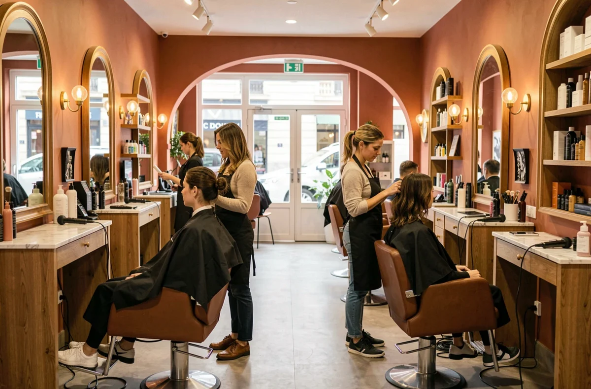 Deux coiffeuses travaillant sur des clientes dans le salon Sanbello à Écouen