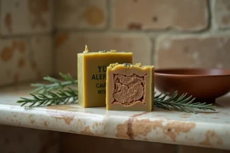 Savon d'Alep traditionnel coupé en deux révélant son intérieur brun riche posé sur une étagère en marbre avec des feuilles de laurier séchées