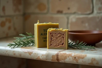 Savon d'Alep traditionnel coupé en deux révélant son intérieur brun riche posé sur une étagère en marbre avec des feuilles de laurier séchées