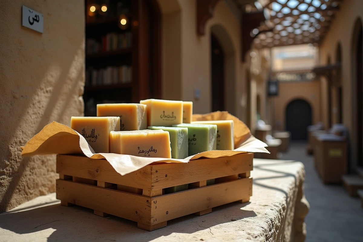 Caisses en bois remplies de savons d'Alep de différentes tailles et stades de vieillissement sur un étal de marché traditionnel dans une ruelle de style oriental