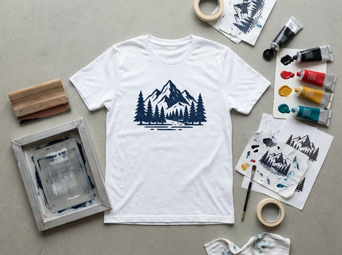 Vue de dessus d'un t-shirt blanc sérigraphié artisanalement entouré d'outils de personnalisation textile comme encres, raclette et cadre sérigraphique