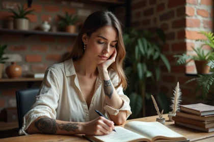 Femme contemplant son tatouage hibou sur l'avant-bras dans un studio bohème aux murs en brique, symbolisant la transformation personnelle
