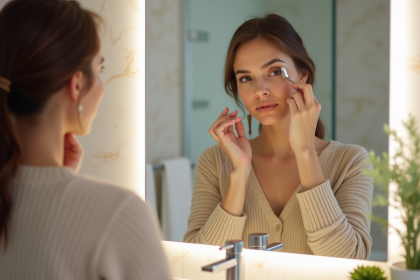 Femme appliquant soin anti-cerne dans sa salle de bain