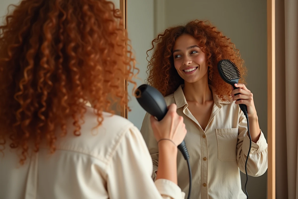 Femme aux cheveux bouclés roux soignant ses cheveux avec un sèche-cheveux et un sérum protecteur thermique devant un miroir