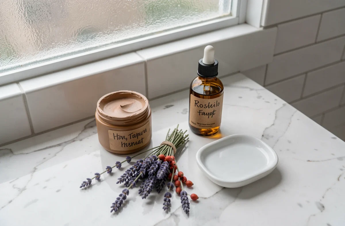 Gamme de soins naturels et bio disposée sur un comptoir en marbre dans une salle de bain minimaliste