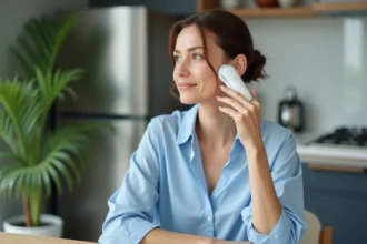 Femme appliquant un appareil de soin visage moderne à la maison