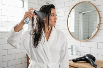 Femme appliquant un spray wow sur cheveux humides avant le brushing dans une salle de bain moderne