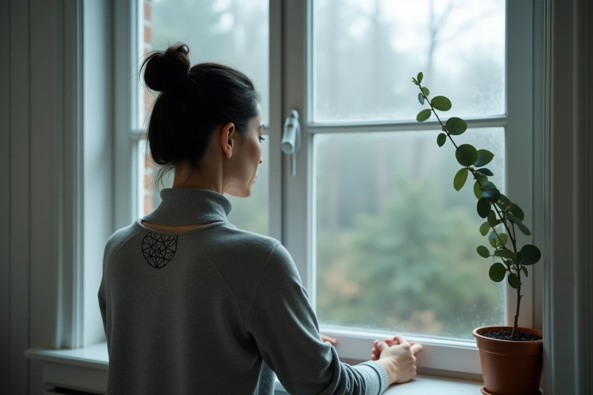 Femme avec un tatouage hibou géométrique sur la nuque regardant une forêt brumeuse depuis une fenêtre de chalet, évoquant la guidance intérieure