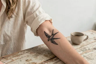 Tatouage oiseau en encre noire sur l'avant-bras d'une jeune femme, motif hirondelle en vol avec détail fin des plumes, placement interne du poignet
