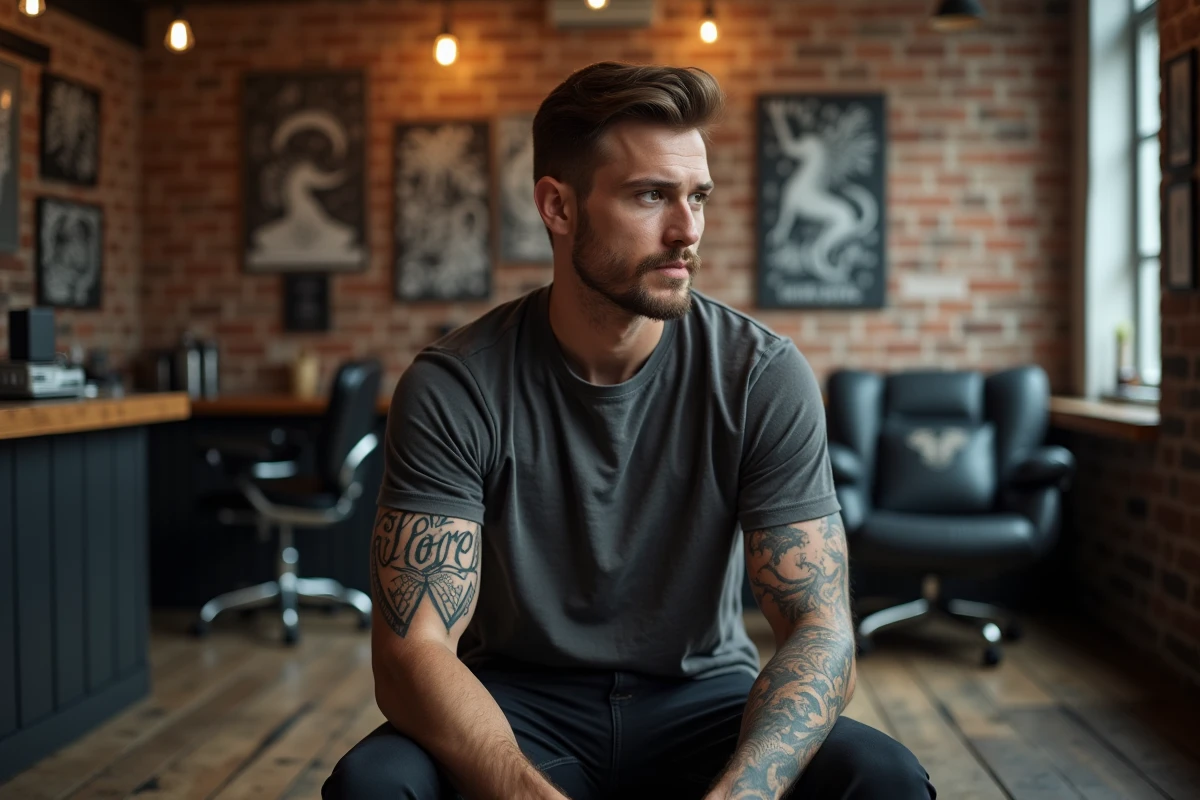 Homme avec tatouage prénom et symbole Lion sur le bras dans un studio de tatouage urbain