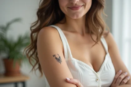 Tatouage prénom et signe astrologique Scorpion sur l'avant-bras d'une jeune femme en studio minimaliste