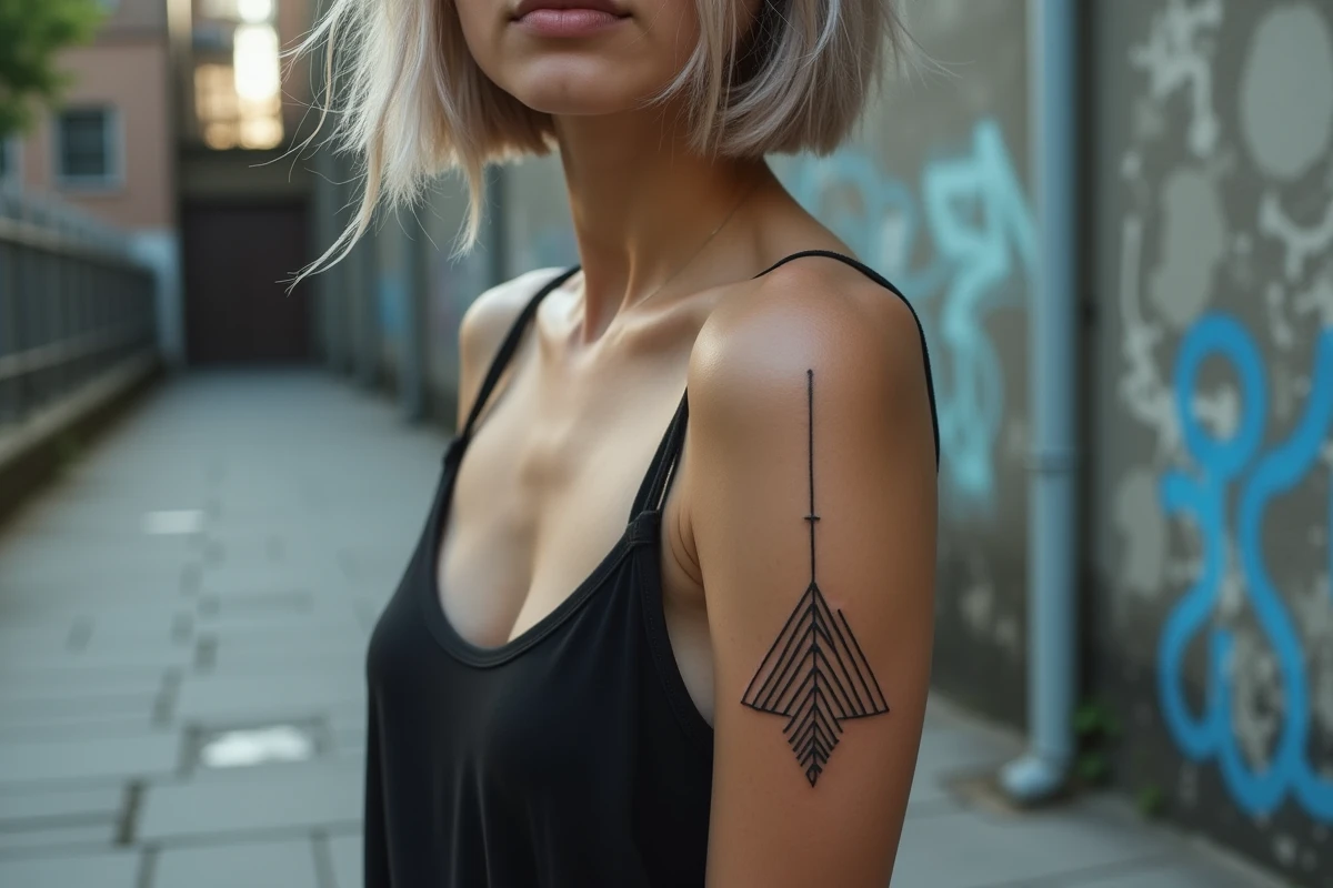 Tatouage géométrique trois triangles superposés sur le bras d'une personne devant un mur urbain