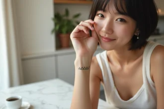 Tatouage trois triangles minimalistes sur le poignet d'une jeune femme dans un café scandinave