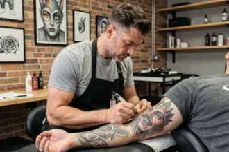 Tatoueur professionnel réalisant un sleeve tattoo sur l'avant-bras d'un client dans un studio de tatouage moderne à Toulouse