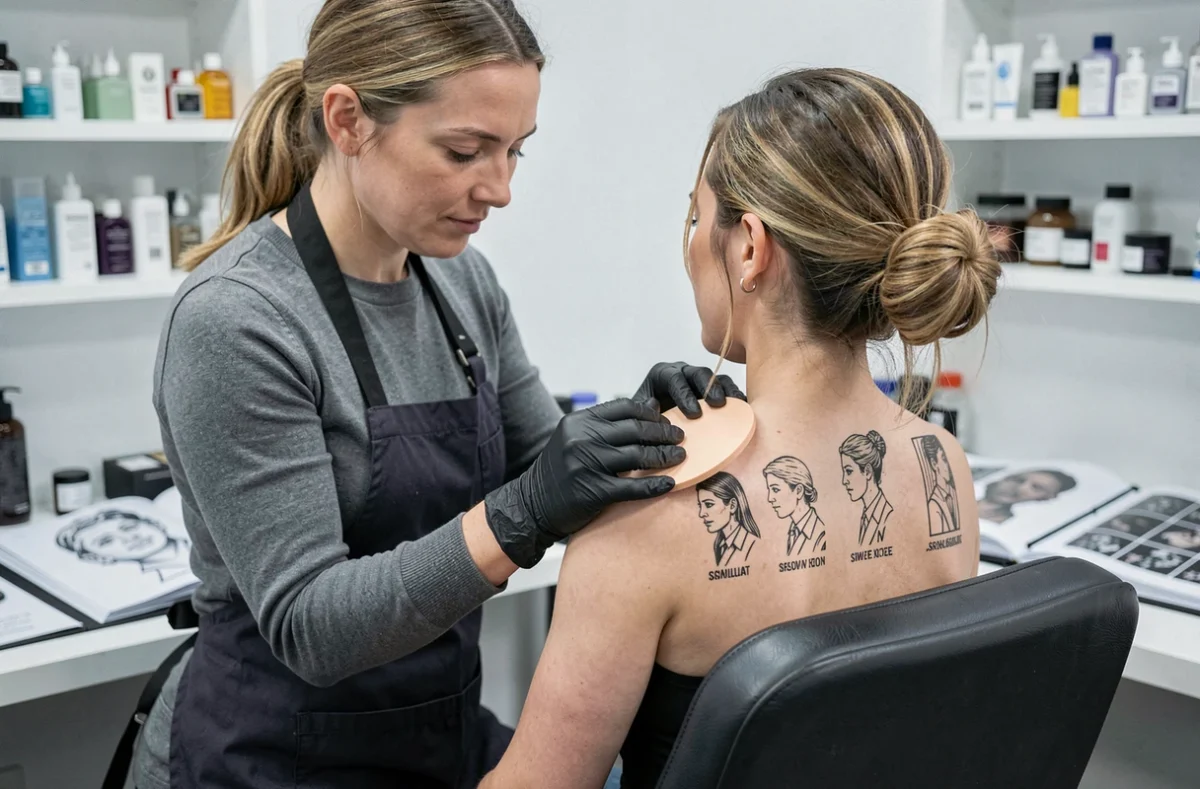 Tatoueuse professionnelle montrant différentes tailles de tatouage hirondelle dans le dos d'une cliente en studio