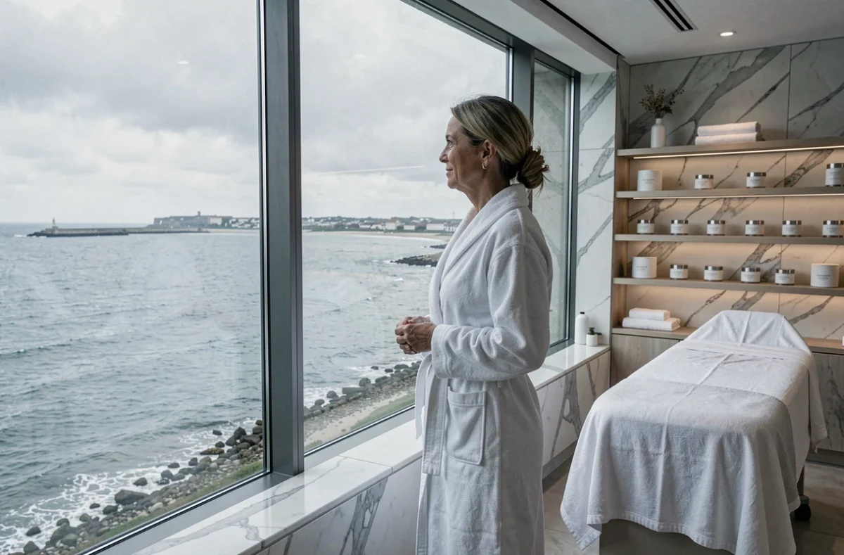Femme en peignoir blanc contemplant la mer depuis les Thermes Marins de Saint-Malo