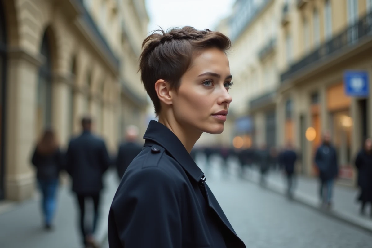 Femme avec tresse couronne sur cheveux courts en extérieur dans une rue parisienne