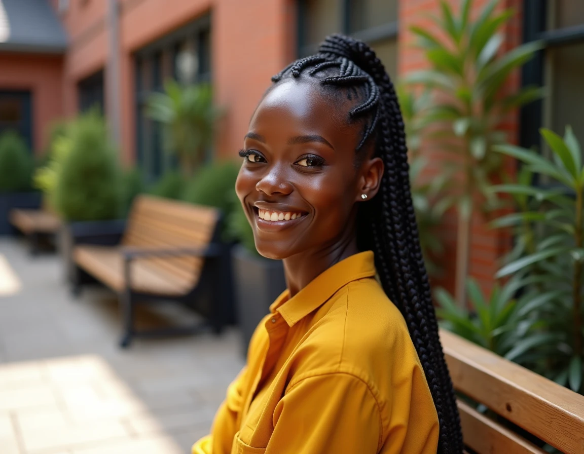Femme noire souriante avec des tresses africaines collées vers l'arrière en plein air, coiffure propre et bien définie