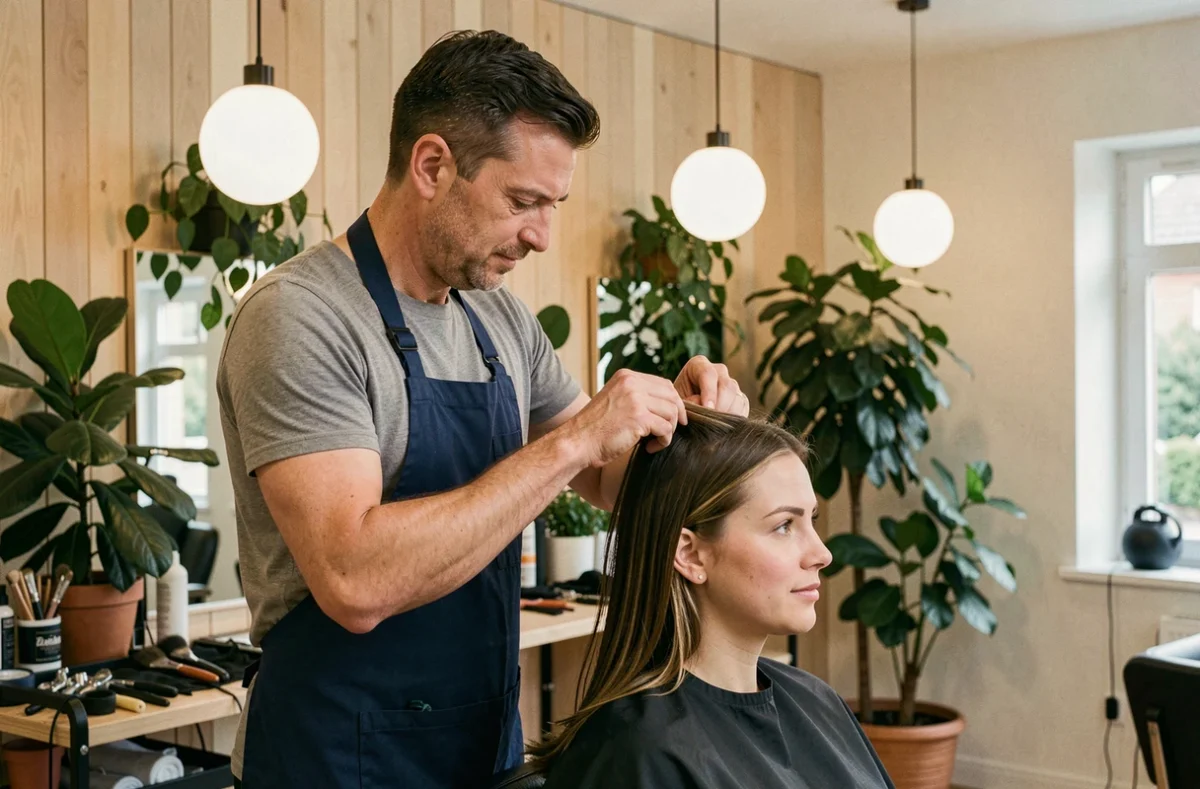 Coiffeur masculin réalisant un soin capillaire sur une cliente au Val Tif à Saint-Leu-la-Forêt