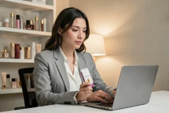 Femme consultant un site de vente au personnel L'Oréal sur son ordinateur portable avec des produits de beauté en main
