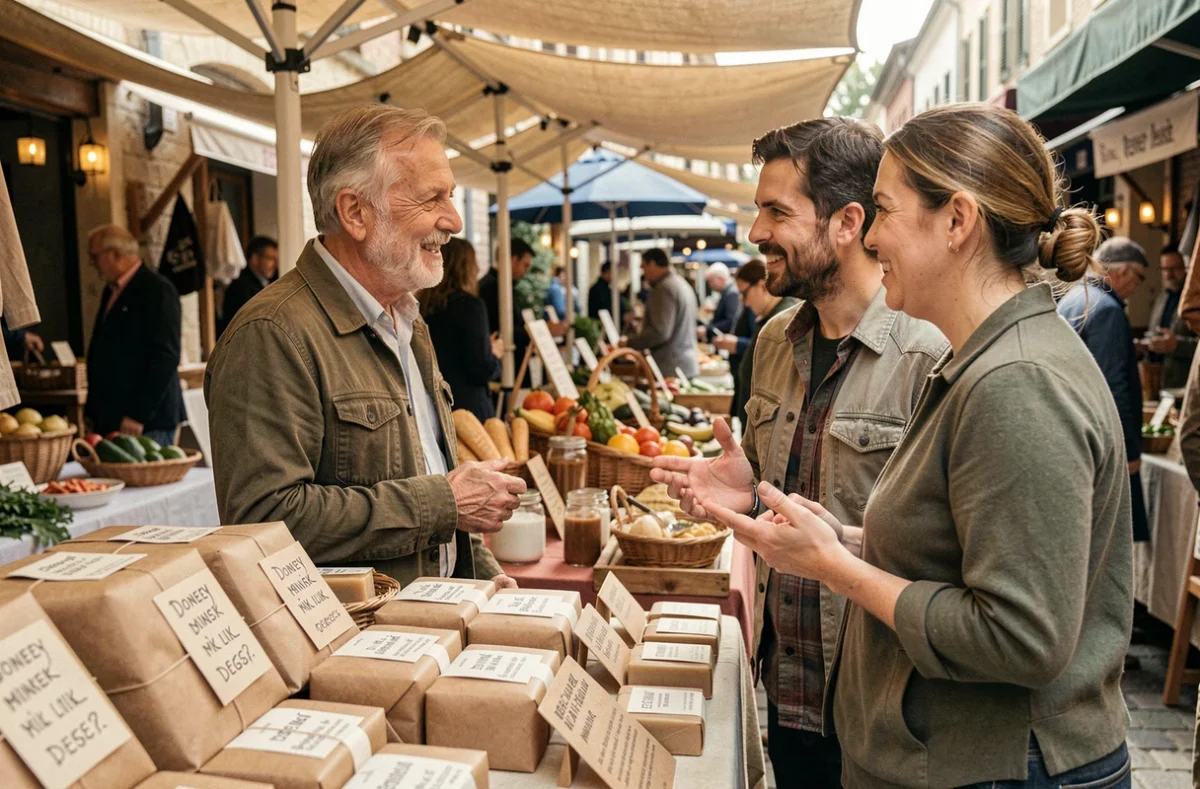 Vente de savon artisanal au lait d'ânesse sur un marché local en circuit court, échange entre producteur et client